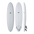 NSP 2026 Fun Surfboard in Weiß, drei Ansichten von vorne, Draufsicht und Seite, mit Finnen