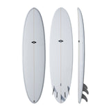 NSP 2026 Fun Surfboard in Weiß, drei Ansichten von vorne, Draufsicht und Seite, mit Finnen
