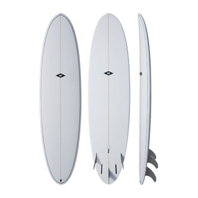 NSP 2026 Fun Surfboard in Weiß, drei Ansichten von vorne, Draufsicht und Seite, mit Finnen