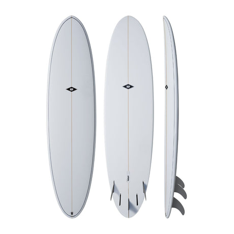 NSP 2026 Fun Surfboard in Weiß, drei Ansichten von vorne, Draufsicht und Seite, mit Finnen