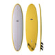 NSP 2026 Fun Surfboard in Gelb mit goldenem Rail, drei Ansichten: Draufsicht, Bauch und Seitenprofil