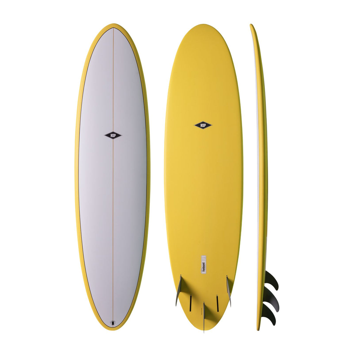 NSP 2026 Fun Surfboard in Gelb mit goldenem Rail, drei Ansichten: Draufsicht, Bauch und Seitenprofil