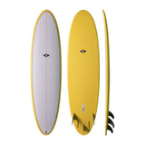 NSP 2026 Fun Surfboard in Gelb mit goldenem Rail, drei Ansichten: Draufsicht, Bauch und Seitenprofil