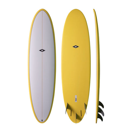 NSP 2026 Fun Surfboard in Gelb mit goldenem Rail, drei Ansichten: Draufsicht, Bauch und Seitenprofil