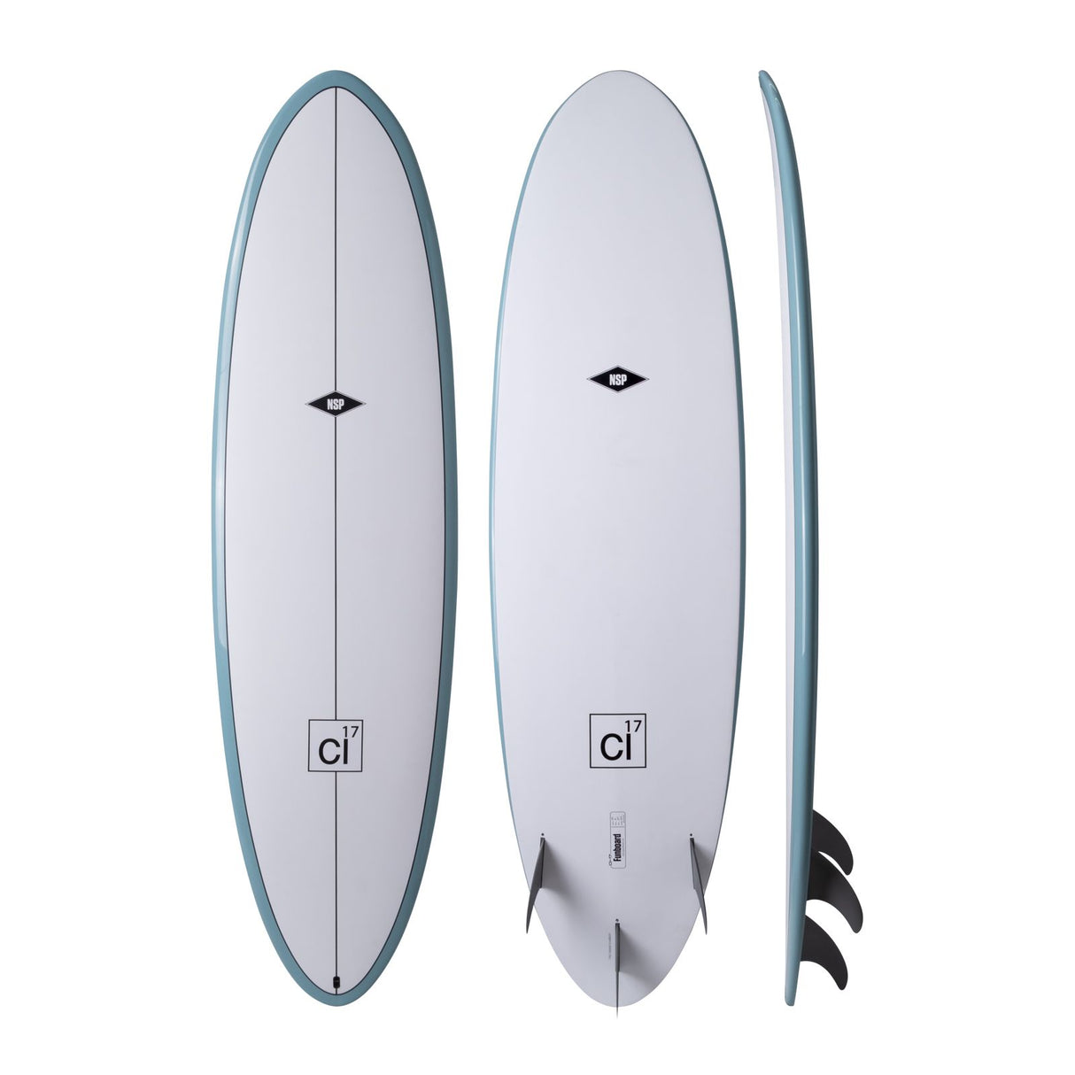 NSP 2026 Fun Surfboard, grau-blau, Draufsicht und Seitenansicht, Funboard mit abgerundeter Nose