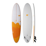 NSP 2026 Fun Surfboard, weiß-orange, Kunststoff, Draufsicht und Seitenansicht mit Finnen