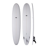 NSP 2026 Long Surfboard weiß, drei Ansichten von oben und Seite, mit Finnen