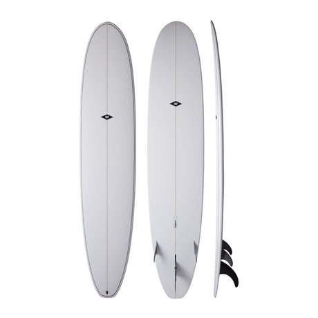 NSP 2026 Long Surfboard weiß, drei Ansichten von oben und Seite, mit Finnen