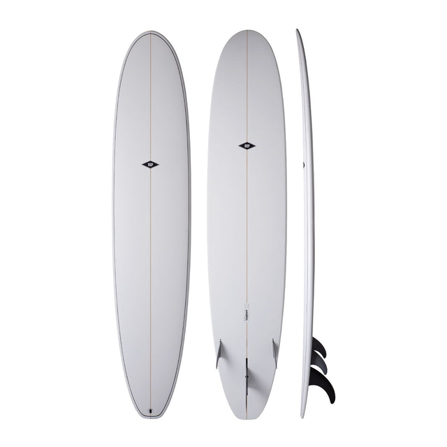 NSP 2026 Long Surfboard weiß, drei Ansichten von oben und Seite, mit Finnen