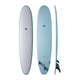 NSP 2026 Long Surfboard in Weiß und Blau, drei Ansichten mit Finnen