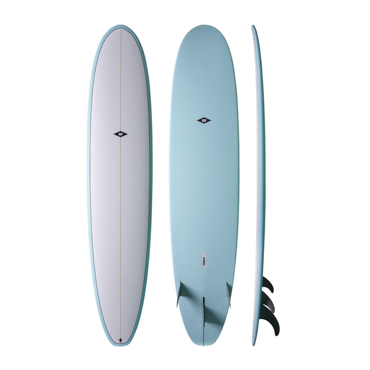 NSP 2026 Long Surfboard in Weiß und Blau, drei Ansichten mit Finnen