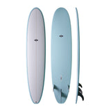 NSP 2026 Long Surfboard in Weiß und Blau, drei Ansichten mit Finnen