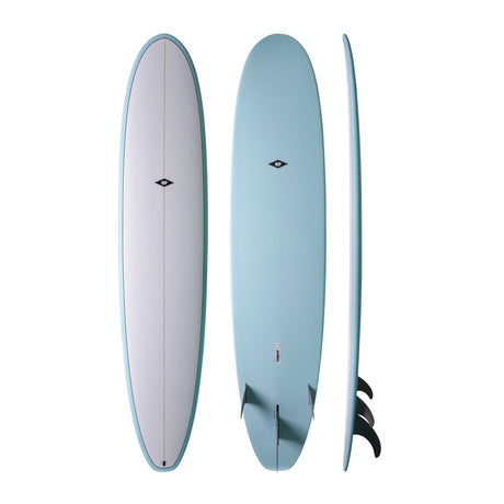 NSP 2026 Long Surfboard in Weiß und Blau, drei Ansichten mit Finnen