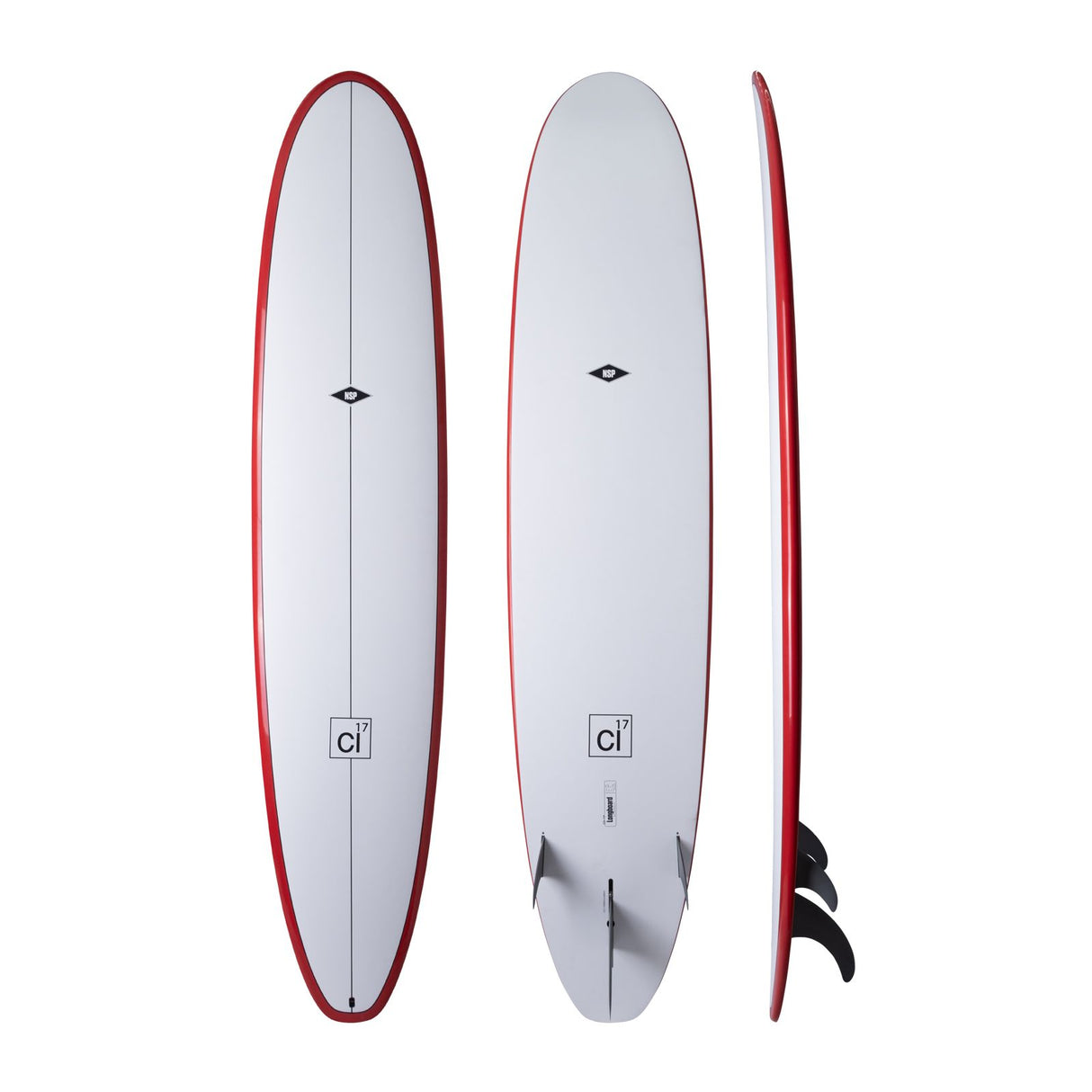 NSP 2026 Long Surfboard, Weiß mit roter Kante, drei Ansichten