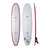 NSP 2026 Long Surfboard, Weiß mit roter Kante, drei Ansichten