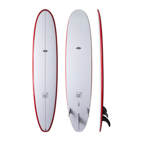 NSP 2026 Long Surfboard, Weiß mit roter Kante, drei Ansichten