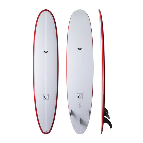 NSP 2026 Long Surfboard, Weiß mit roter Kante, drei Ansichten