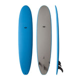 NSP 2026 Long Surfboard in Blau und Grau, Mehrperspektiven-Ansicht von vorne und Seite