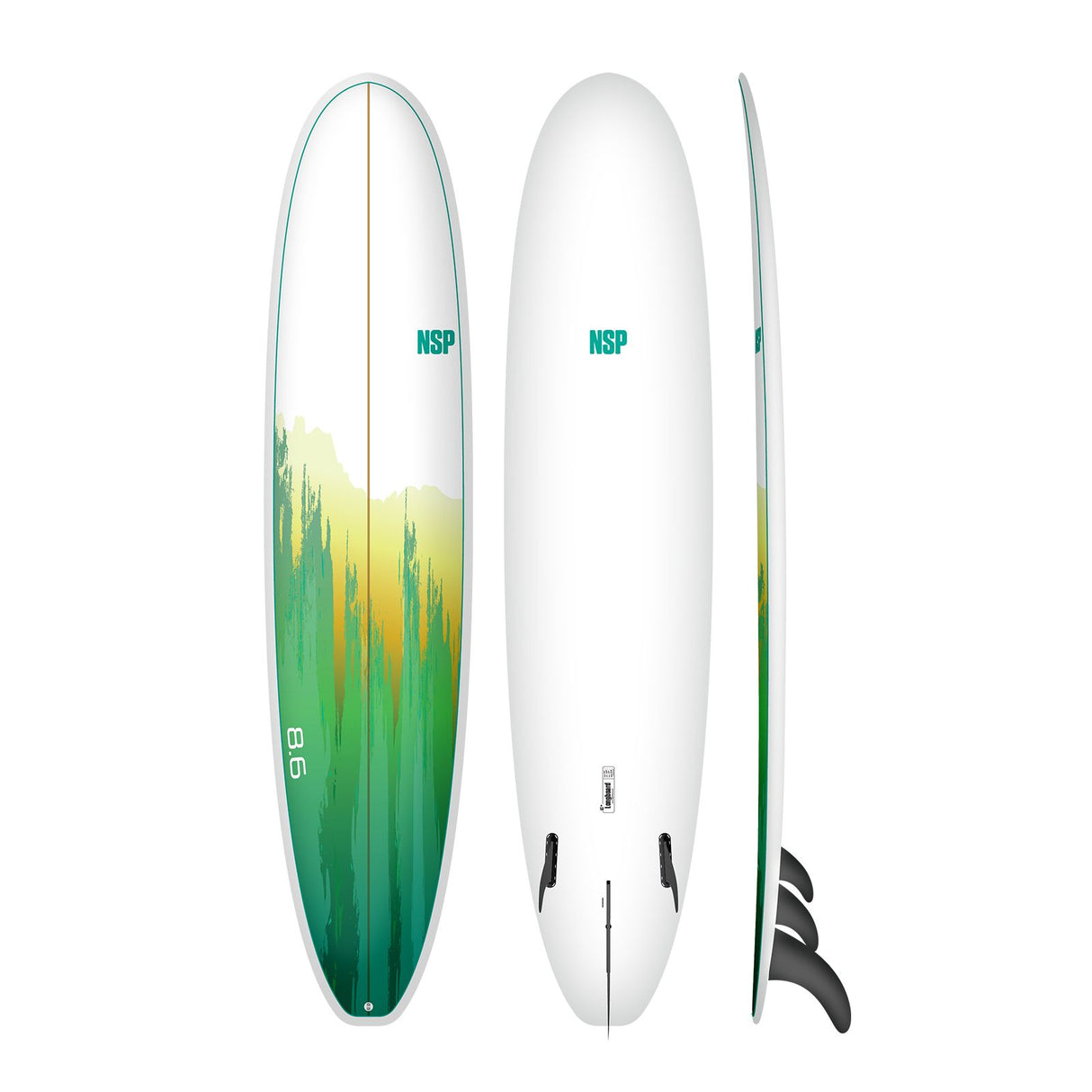NSP 2026 Long Surfboard, weiß mit grünem Farbverlauf, Draufsicht und Seitenansicht