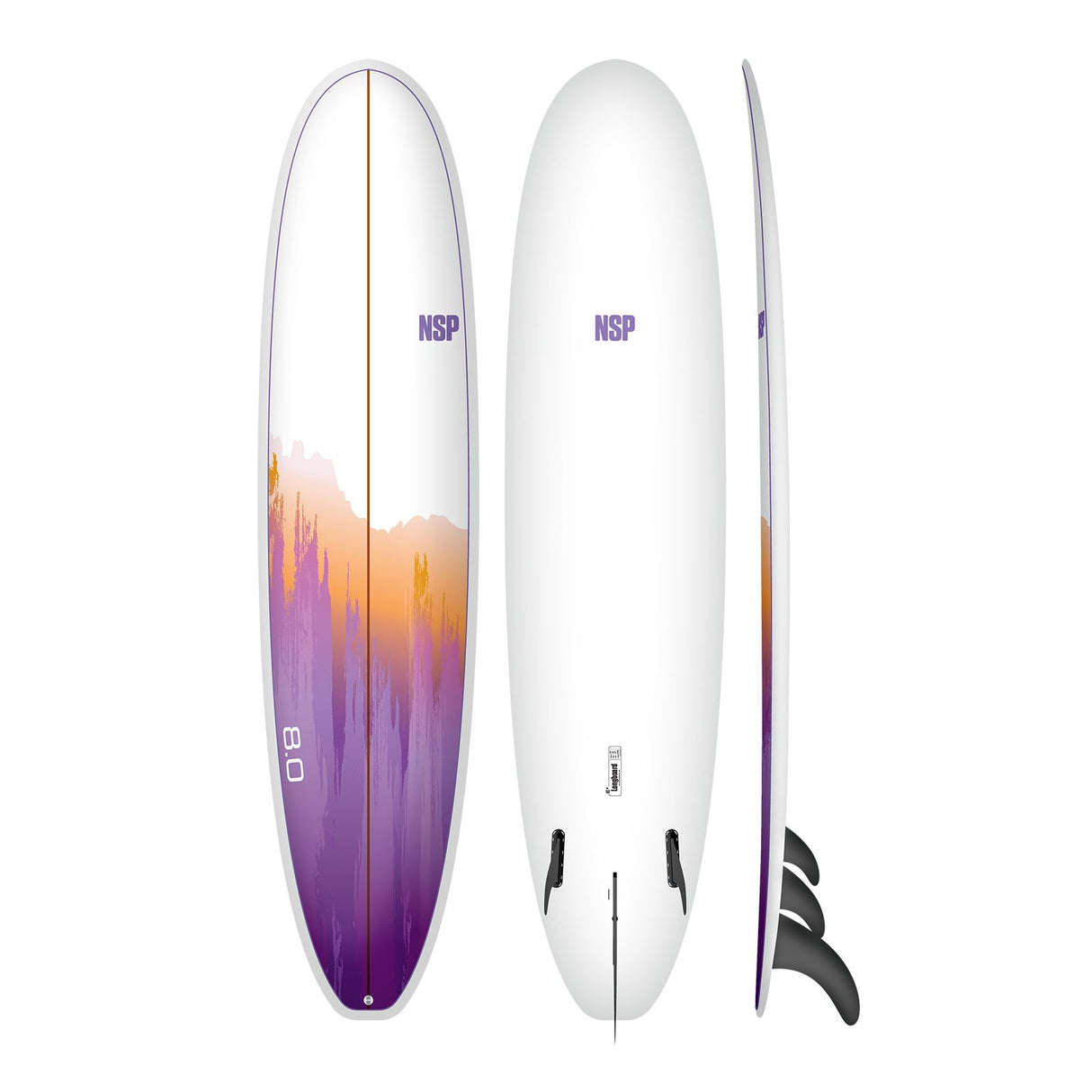 NSP 2026 Long Surfboard, weiß mit lila-orangem Farbverlauf, drei Ansichten von vorne, hinten und Seite