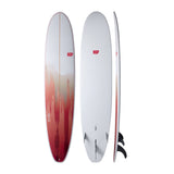 NSP 2026 Long Surfboard, weiss mit rotem Farbverlauf, drei Ansichten von vorne, hinten und Seite