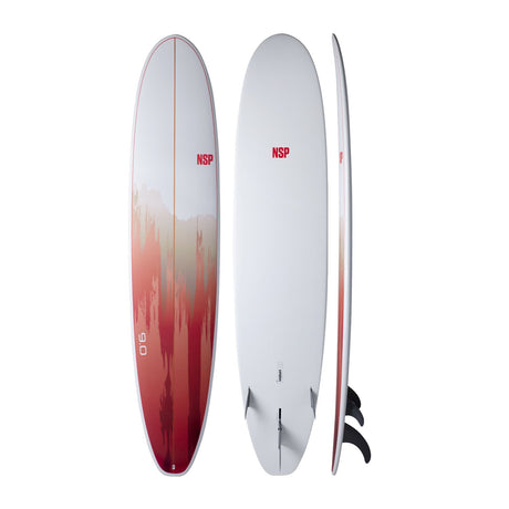 NSP 2026 Long Surfboard, weiss mit rotem Farbverlauf, drei Ansichten von vorne, hinten und Seite