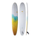 NSP 2026 Long Surfboard, weiß mit gelb-blauem Farbverlauf, drei Ansichten (oben, unten, Seite)