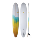 NSP 2026 Long Surfboard, weiß mit gelb-blauem Farbverlauf, drei Ansichten (oben, unten, Seite)