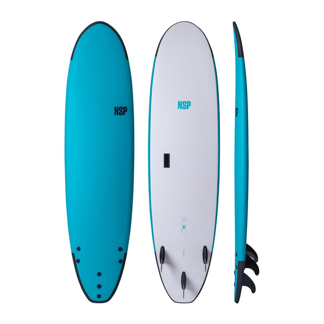 NSP 2026 Long P2 Surfboard in Blau und Weiß, Draufsicht und Seitenansicht, mit Finnen