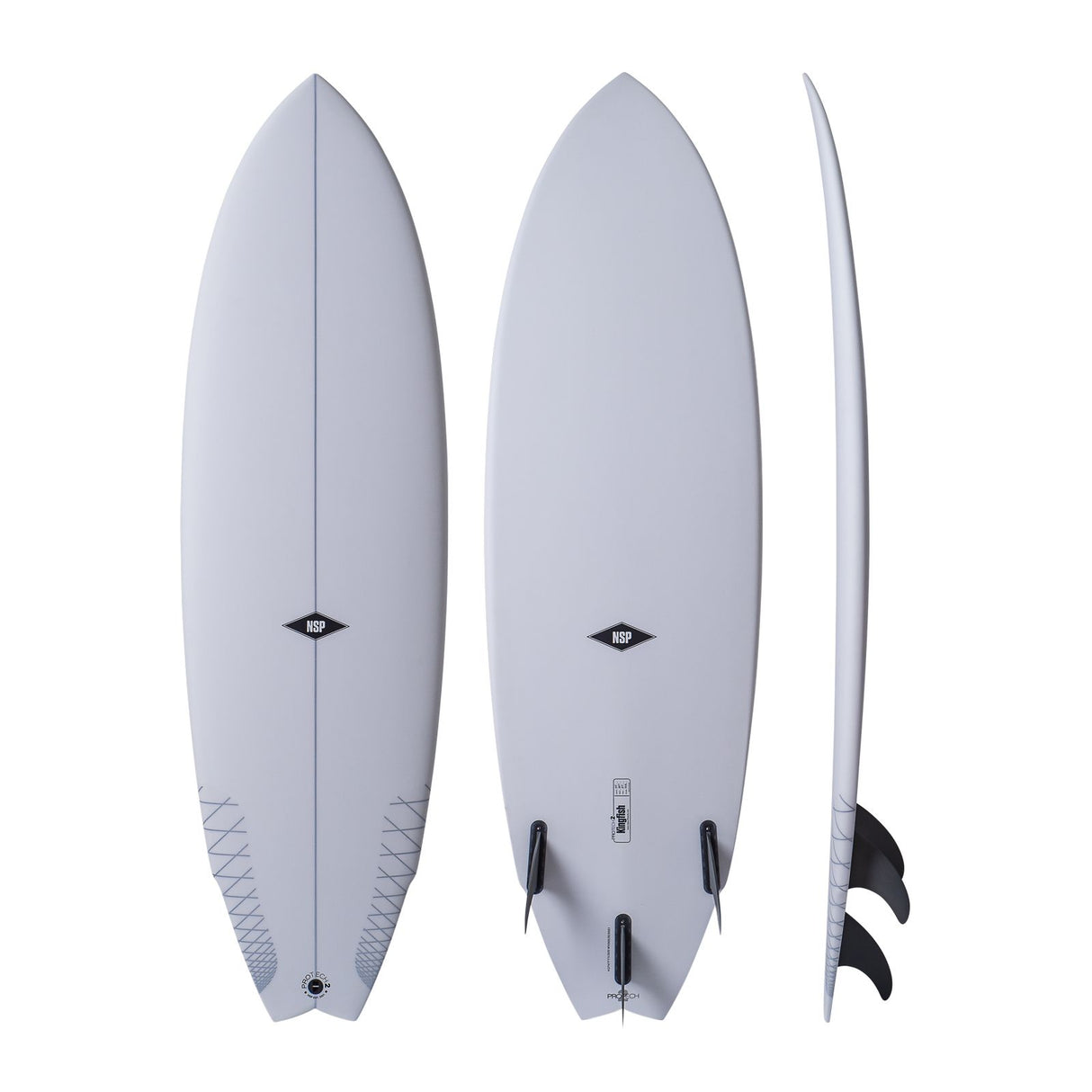 NSP 2026 Kingfish Surfboard, hellgrau, drei Ansichten von oben, unten und Seitenprofil