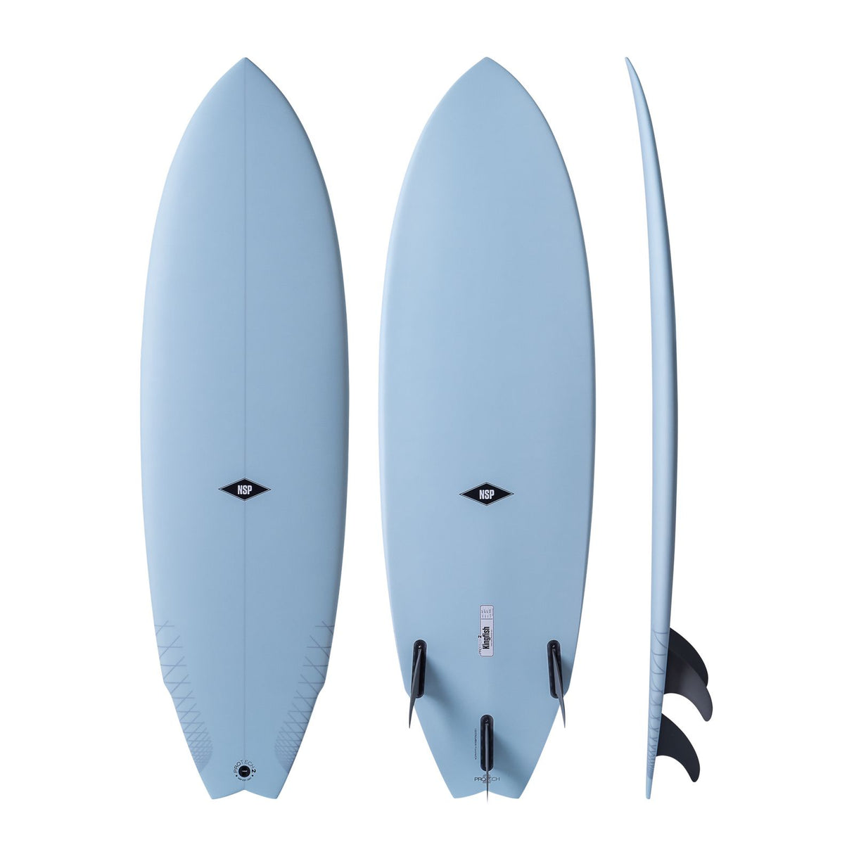 NSP 2026 Kingfish Surfboard hellblau, drei Ansichten: Draufsicht, Unterseite und Seitenprofil