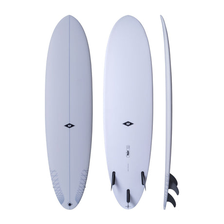 NSP 2026 Magnet Surfboard, hellblau, Draufsicht und Seitenansicht mit schwarzen Finnen