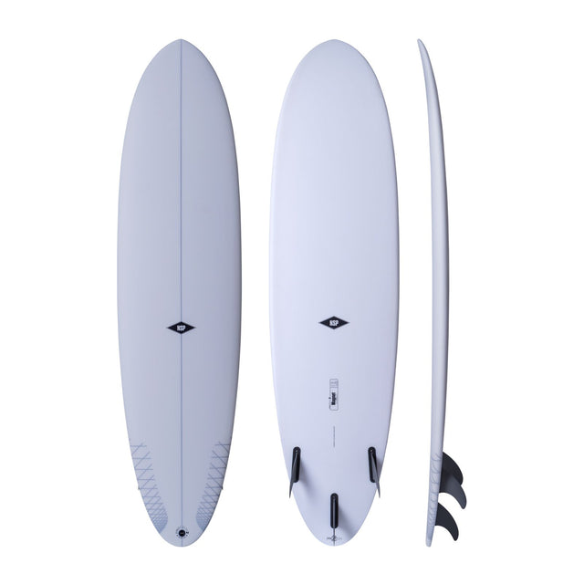 NSP 2026 Magnet Surfboard, hellblau, Draufsicht und Seitenansicht mit schwarzen Finnen