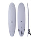 NSP 2026 Longboard in Grau, drei Ansichten (oben, unten, Seitenprofil) mit Finnen, Kunststoff-Surfboard