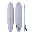 NSP 2026 Longboard in Grau, drei Ansichten (oben, unten, Seitenprofil) mit Finnen, Kunststoff-Surfboard