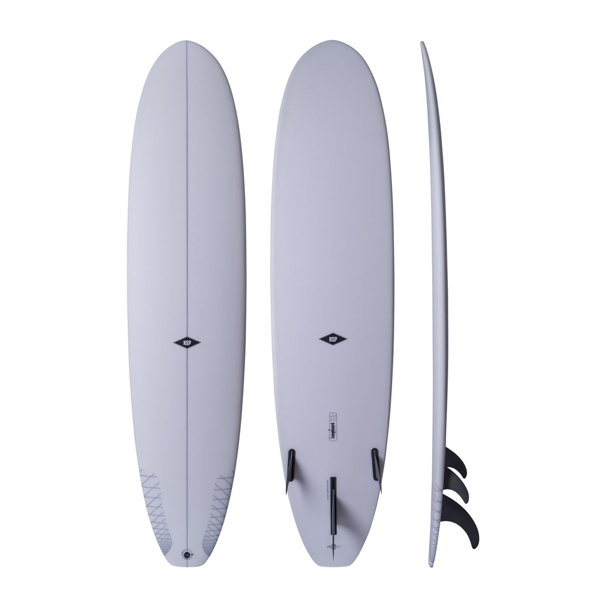 NSP 2026 Longboard in Grau, drei Ansichten (oben, unten, Seitenprofil) mit Finnen, Kunststoff-Surfboard