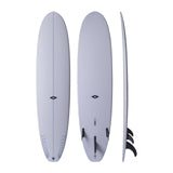 NSP 2026 Longboard in Grau, drei Ansichten (oben, unten, Seitenprofil) mit Finnen, Kunststoff-Surfboard
