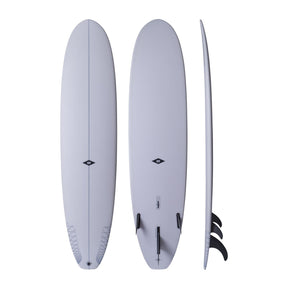 NSP 2026 Longboard in Grau, drei Ansichten (oben, unten, Seitenprofil) mit Finnen, Kunststoff-Surfboard