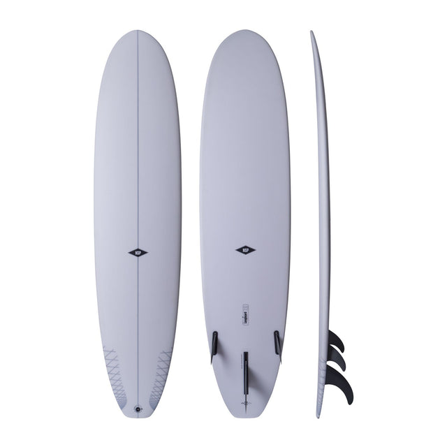 NSP 2026 Longboard in Grau, drei Ansichten (oben, unten, Seitenprofil) mit Finnen, Kunststoff-Surfboard