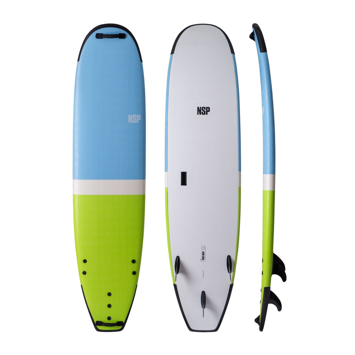NSP 2026 Surf Wide Surfboard, blau-weiß-grün, drei Ansichten von oben, unten und Seite