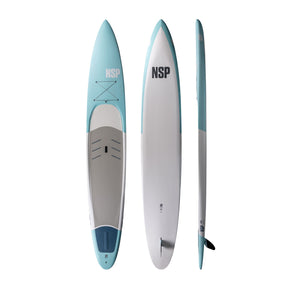 NSP 2026 Omni Touring SUP Board, blau-weiß, drei Perspektiven, oben, vorne und Seitenprofil