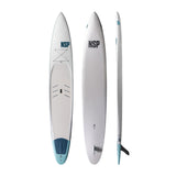 NSP 2026 Omni Sup Board weiß mit blauem Finbox, drei Ansichten von oben, unten und Seite