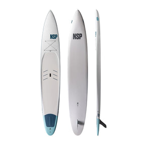 NSP 2026 Omni Sup Board weiß mit blauem Finbox, drei Ansichten von oben, unten und Seite