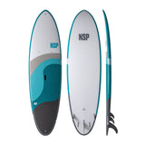 NSP 2026 Allrounder Surfboard, Weiß-Türkis, drei Ansichten mit Finnen