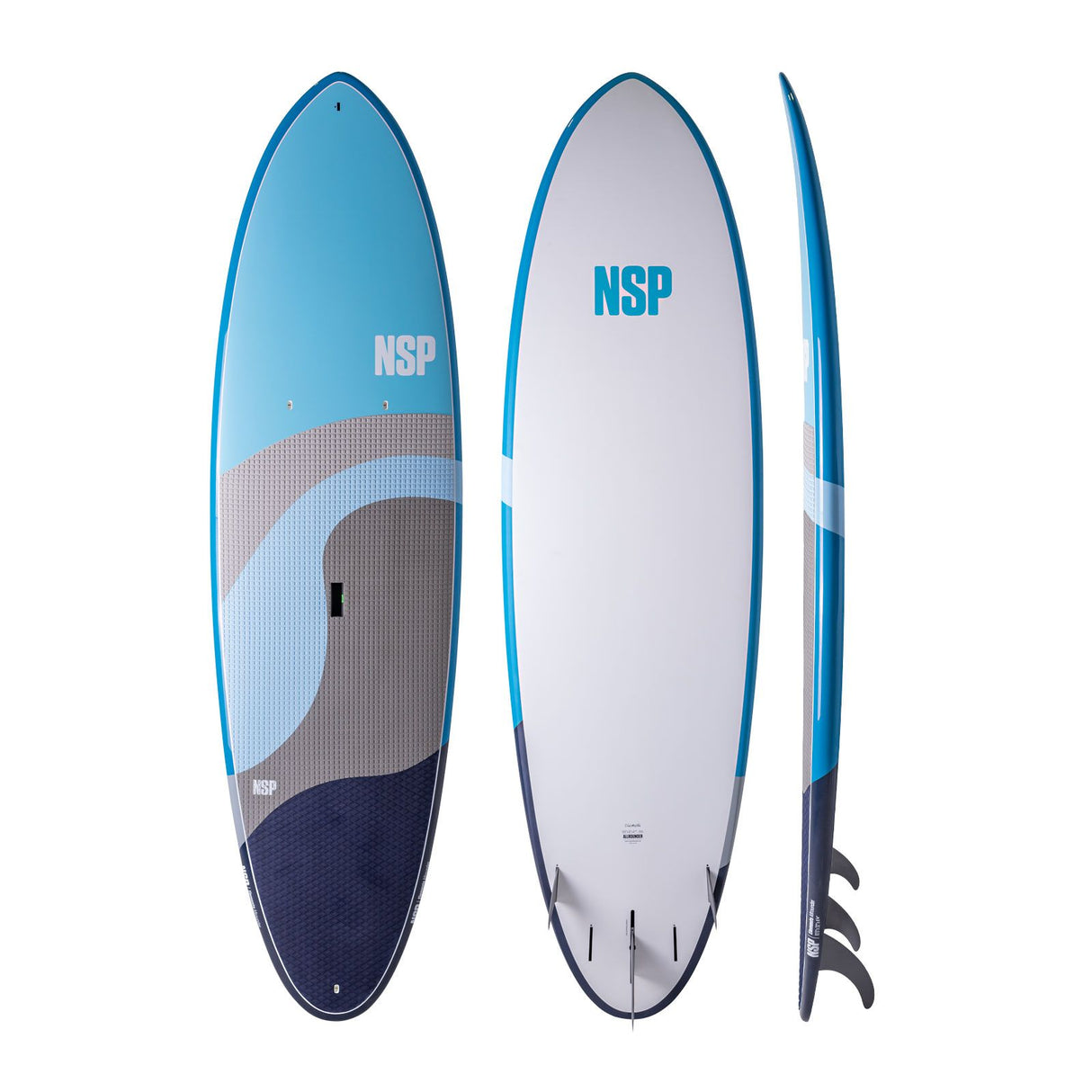 NSP 2026 Allrounder Surfboard, blau-weiß, drei Ansichten: Deck, Bottom und Seitenprofil