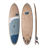 NSP 2026 Allrounder Surfboard, Kork-Oberfläche, blau-weiß, drei Ansichten mit Finnen