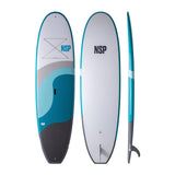 NSP 2026 Cruise Surfboard, Weiß-Türkis, drei Ansichten von oben, unten und Seite