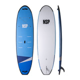 NSP 2026 Cruise Surfboard in Blau und Weiß, Draufsicht und Seitenansicht mit abgerundeter Form