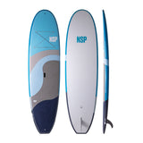 NSP 2026 Cruise Surfboard, blau-weiß, drei Ansichten (Vorder-, Rück-, Seitenseite), mit Tragegriff und Finne