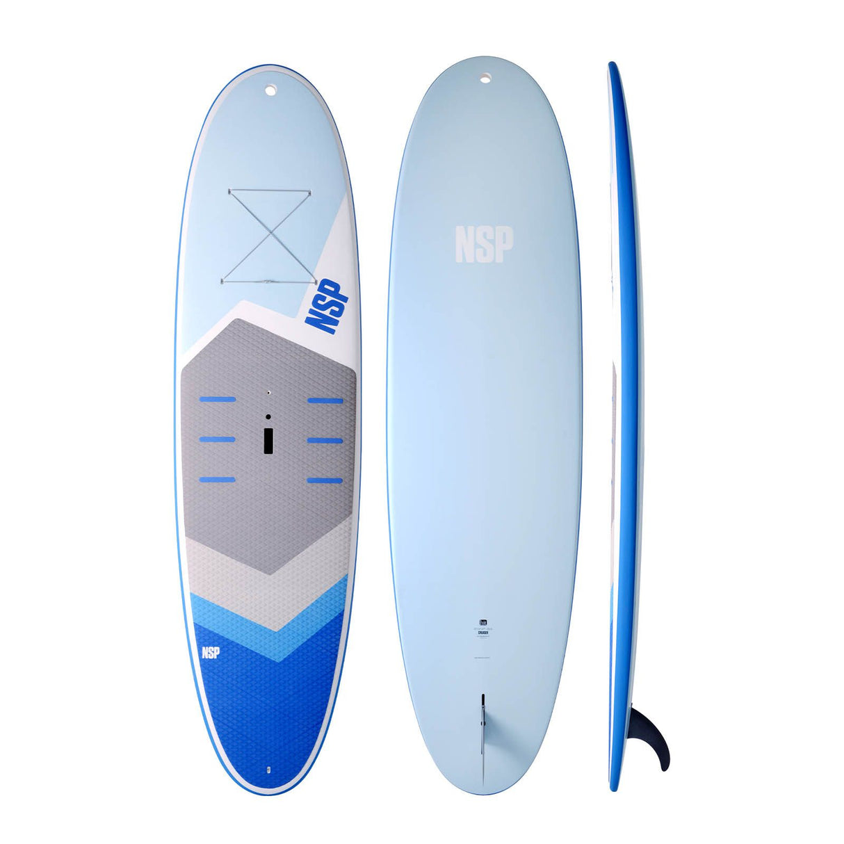 NSP 2026 Cruise Surfboard hellblau mit grauem Deck und blauem Unterwasserschiff, drei Ansichten